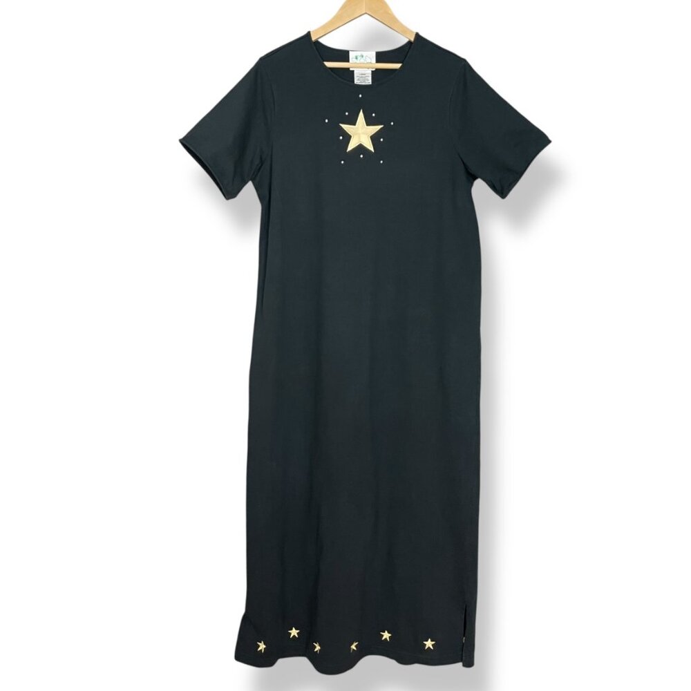 Vintage‎ Quacker Factory T-Shirt Dress Embroidered Stars Women Size Large Black